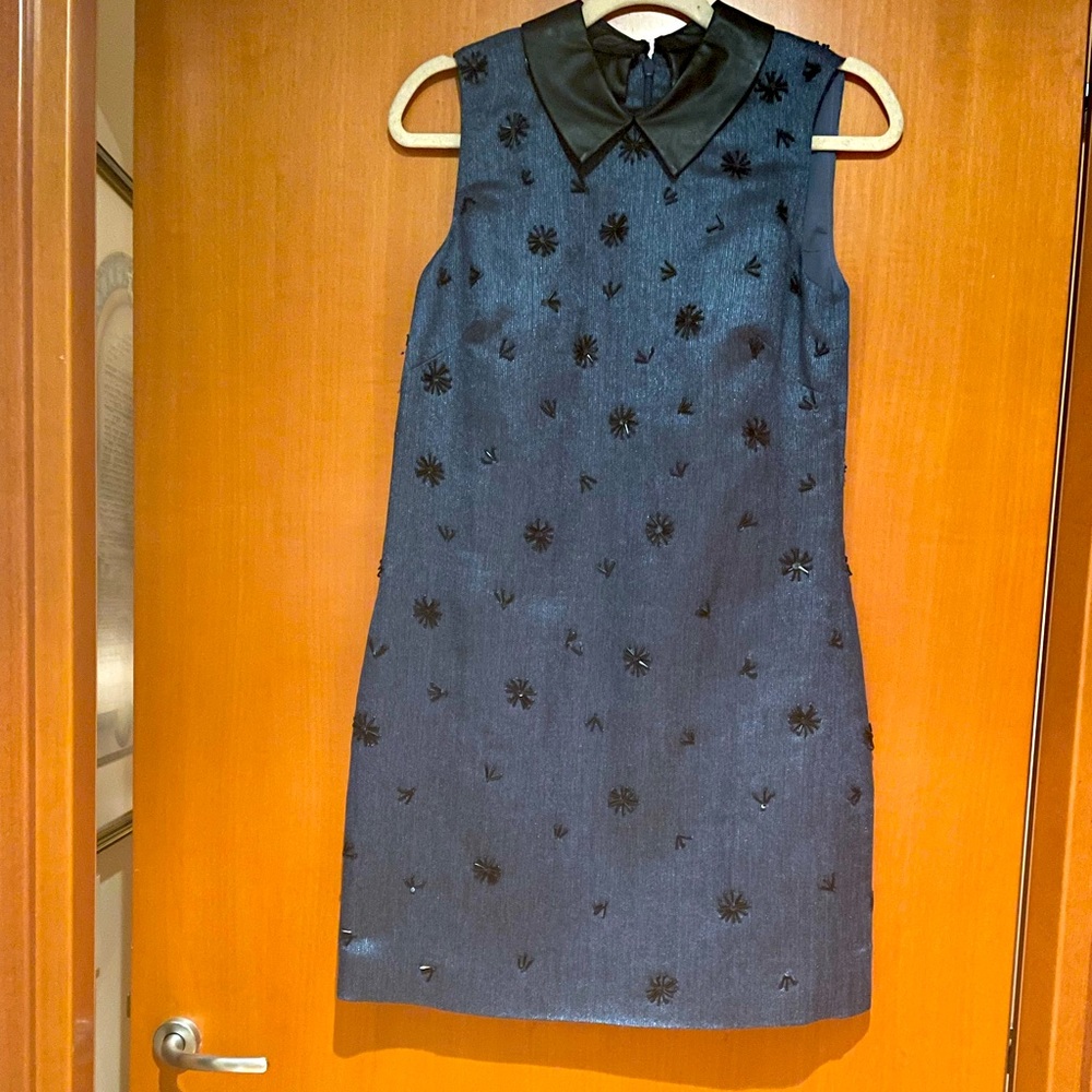Sophisticated Cynthia Rowley blue dress with black beads. Size 4